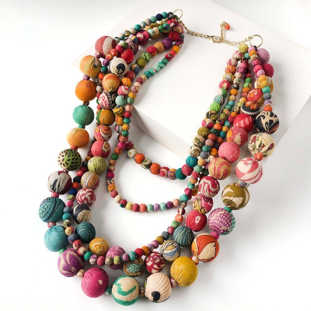 Fair Trade NWT 5 Strand Statement Necklace Handmade Upcycled Kantha Beads Boho
